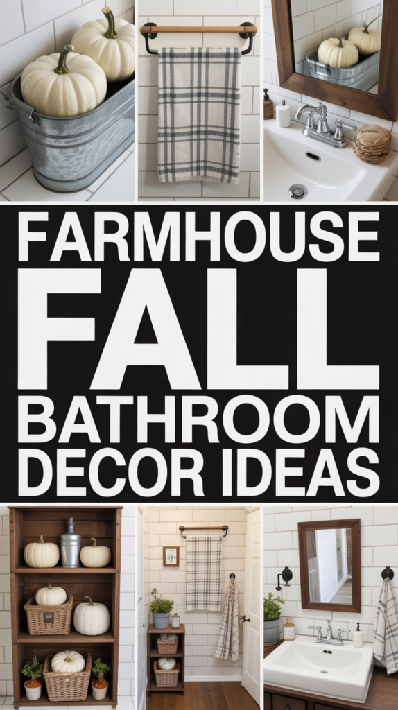 Collage featuring farmhouse fall bathroom decor with white pumpkins, plaid towels, and rustic wooden accents.