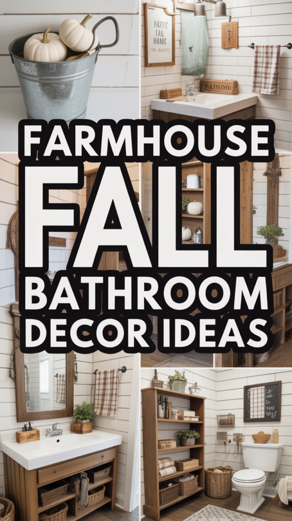 Collage of rustic farmhouse-style bathroom with fall decorations, featuring pumpkins, wooden accents, and cozy details.