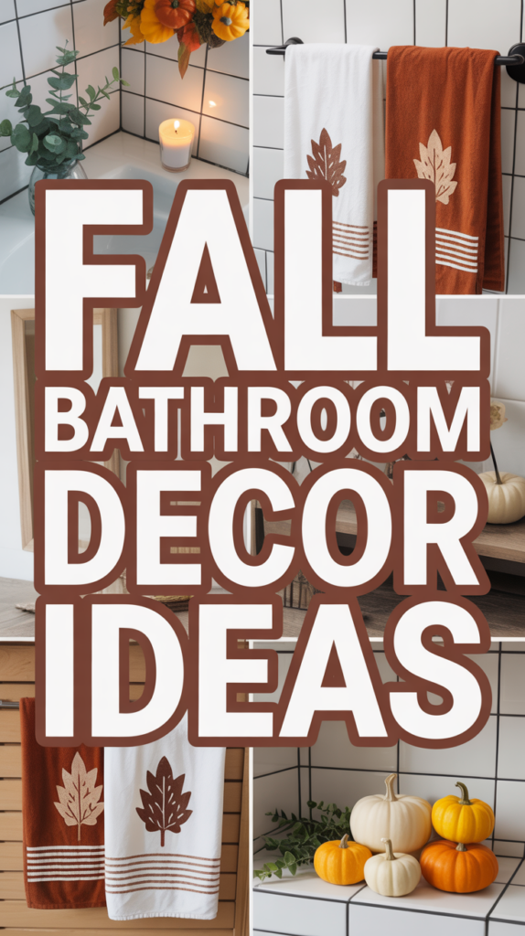Text reading "Fall Bathroom Decor Ideas" over images of autumn-themed towels, pumpkins, and candles in a bathroom setting.