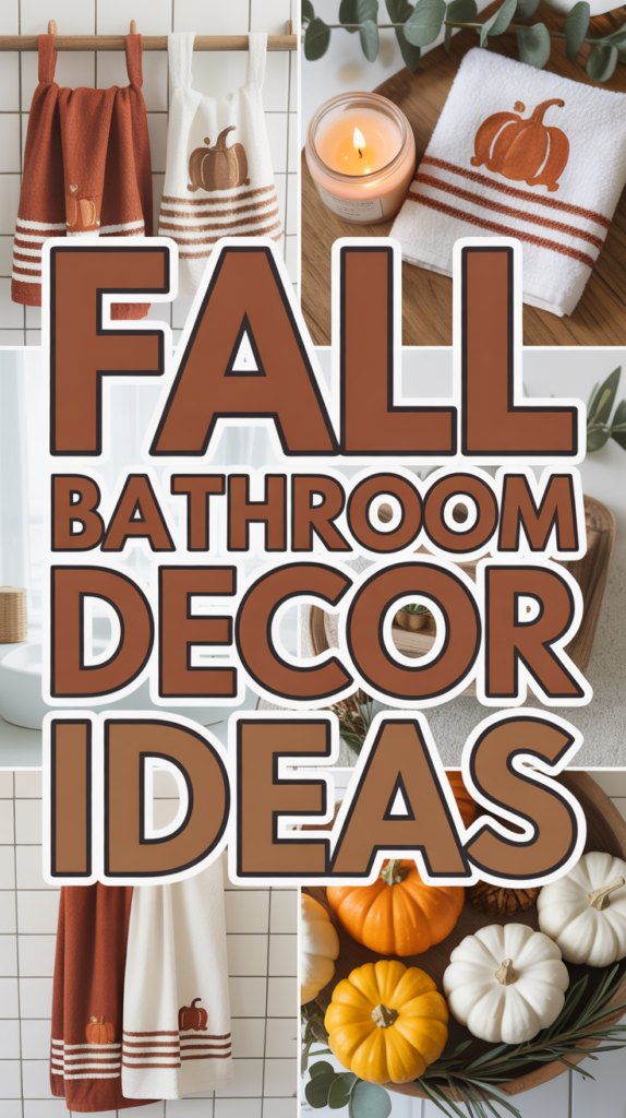 Collage of fall-themed bathroom decor, featuring towels with pumpkin designs, a lit candle, and small pumpkins.