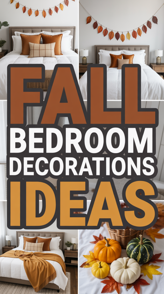 Collage of fall bedroom decoration ideas with pumpkins, leaves, and a warm color palette.