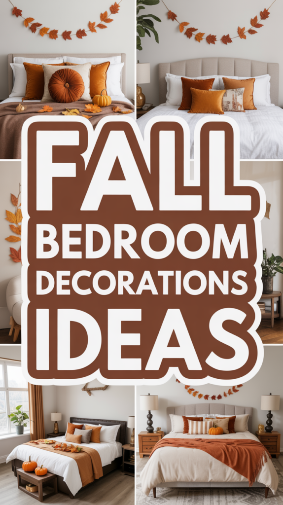Collage showcasing fall-themed bedroom decor with pumpkins, autumn leaves, and warm-colored bedding; text reads "Fall Bedroom Decorations Ideas".