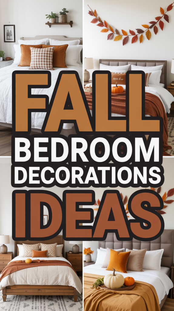 Collage of cozy fall-themed bedroom decorations with pumpkins, warm-colored bedding, and autumn leaf garlands.