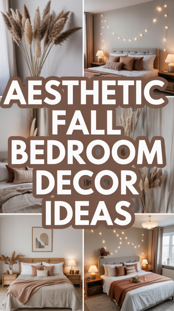 Collage of cozy bedrooms with fall decor, including pampas grass and warm lighting, overlaid with text: "Aesthetic Fall Bedroom Decor Ideas."