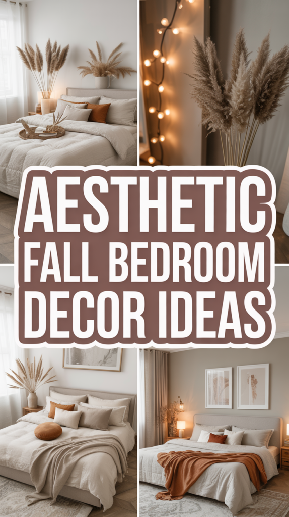 Collage of cozy bedrooms with neutral tones, dried pampas grass, and soft lighting, showcasing fall-themed decor ideas.