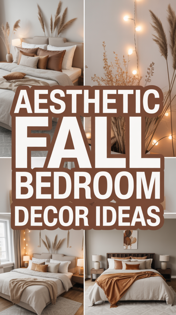 Collage of cozy bedrooms with autumn-themed decor, including warm-toned bedding, pampas grass, and string lights.