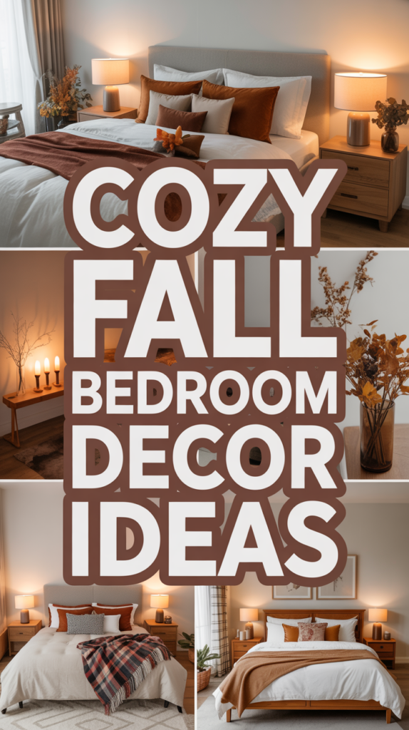 Collage of cozy fall bedroom decor with warm tones, soft bedding, candles, and autumnal accents.