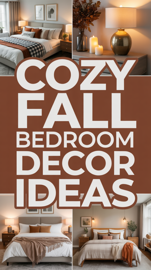 Collage of cozy fall bedroom decor with warm-toned bedding, candles, and autumn accents.