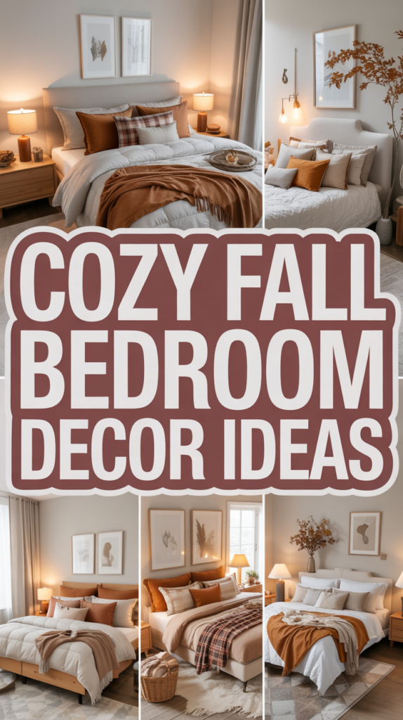 Bedroom with cozy fall decor featuring warm-toned bedding, pillows, and autumnal accents like dried leaves and soft lighting.