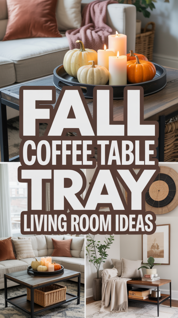 A cozy living room with a coffee table decorated with candles and pumpkins, promoting fall decor ideas.