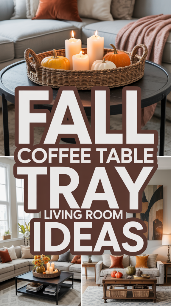 A wicker tray with candles and small pumpkins on a living room coffee table.