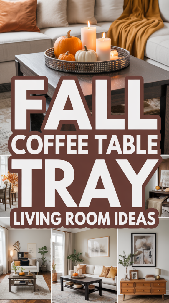 A living room with a decorated coffee table featuring candles and pumpkins, surrounded by cozy furniture.
