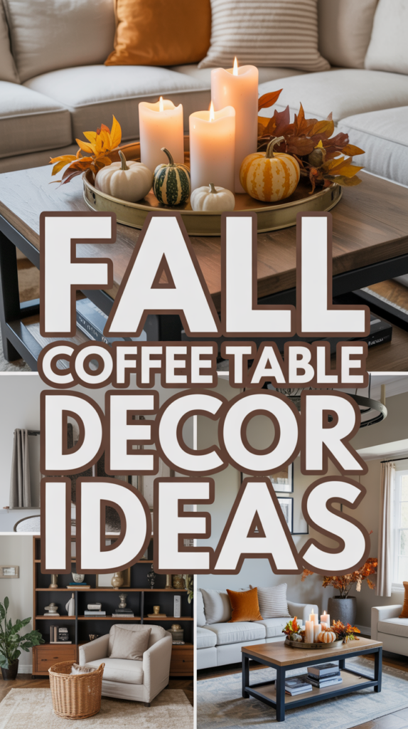 A cozy living room with fall-themed coffee table decor, including candles, small pumpkins, and autumn leaves on a wooden tray.
