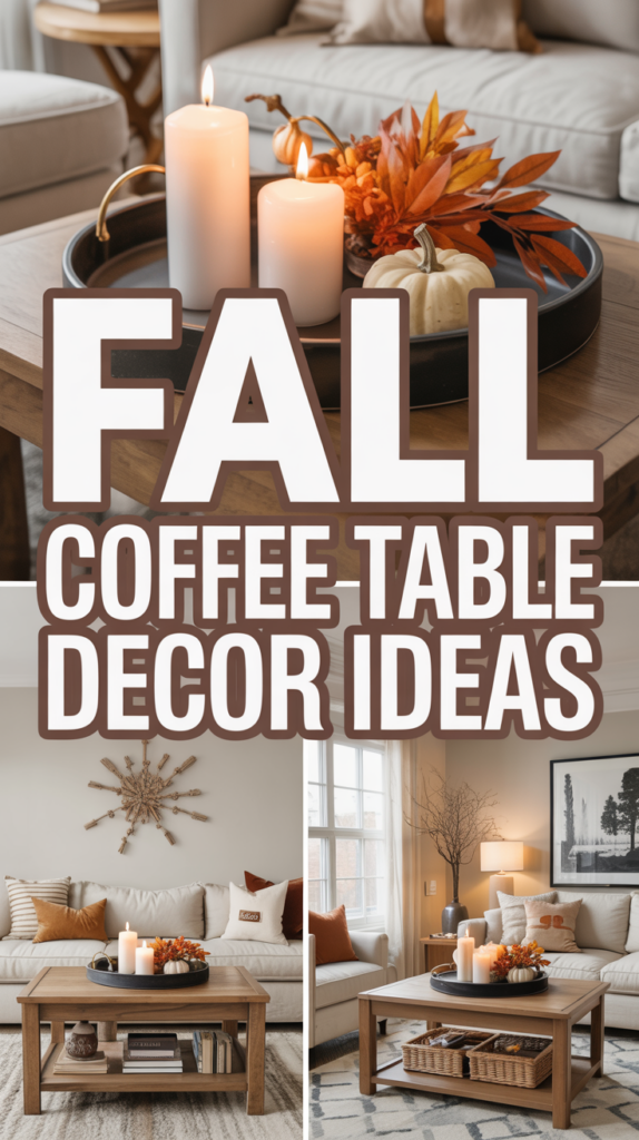 A cozy living room with a coffee table decorated with candles, pumpkins, and autumn leaves.