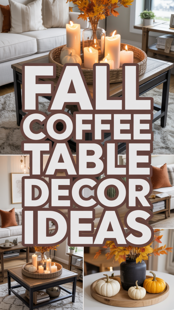 Collage featuring fall-themed coffee table decor with candles, pumpkins, and autumn leaves in a cozy living room setting.