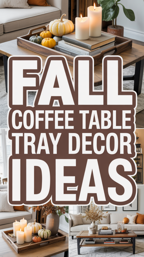 Collage of cozy fall-themed coffee table trays with candles, pumpkins, and decorative items.