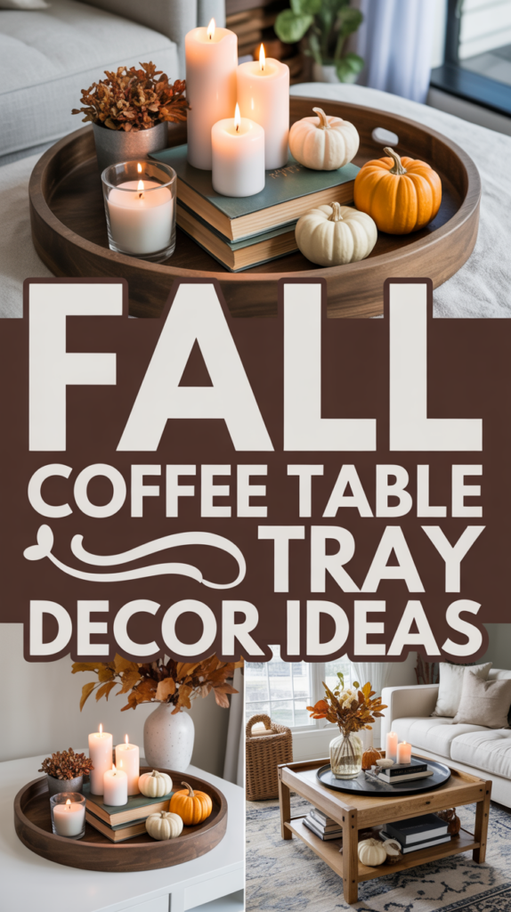 A wooden tray with candles, small pumpkins, and books is styled for fall on a table.