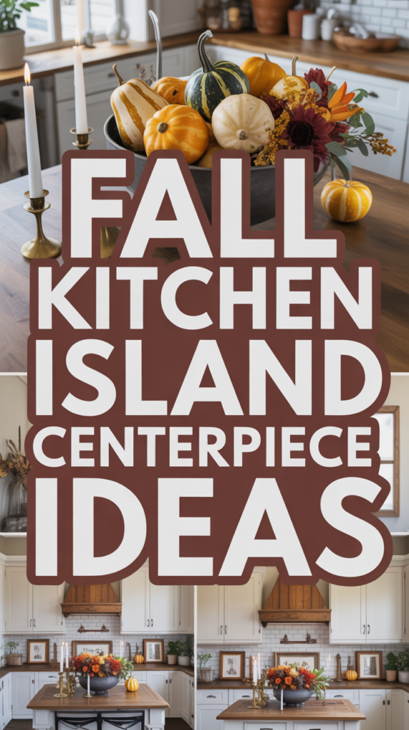 Fall-themed kitchen island centerpiece with pumpkins, gourds, and candles on a wooden countertop.