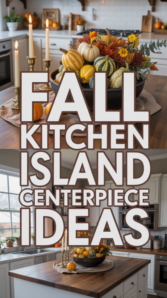 Autumn-themed centerpiece with pumpkins and flowers on a kitchen island with a text overlay.