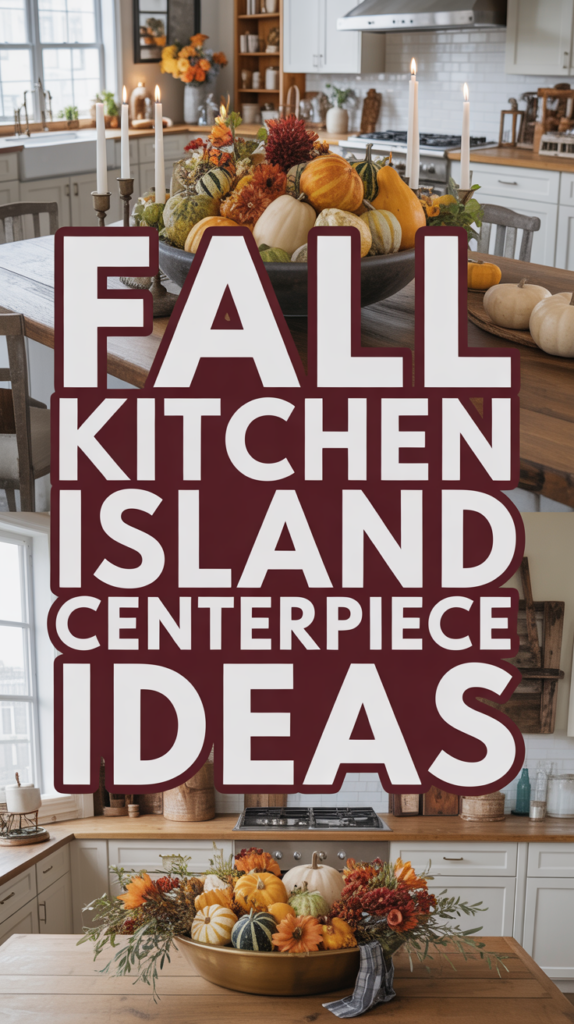 A kitchen island decorated with pumpkins, candles, and autumn flowers. Large text reads "Fall Kitchen Island Centerpiece Ideas."