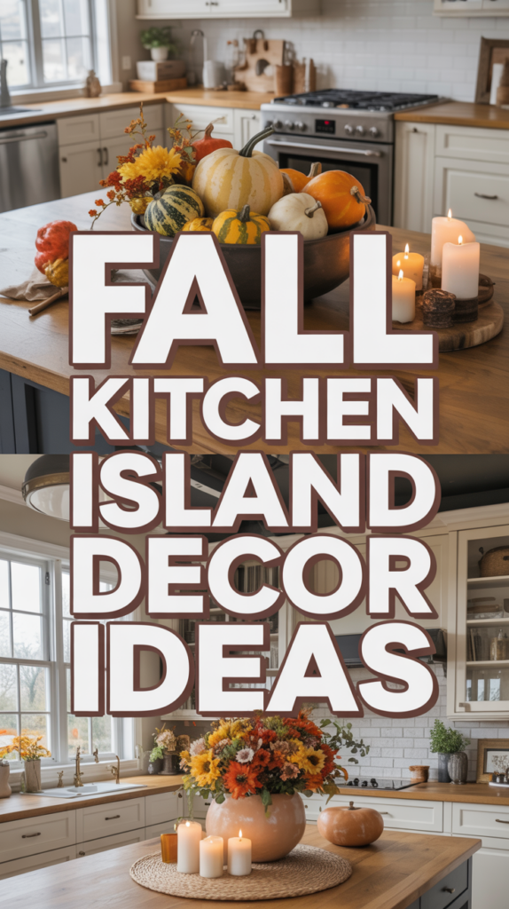Two kitchen islands with fall-themed decor, featuring pumpkins, candles, and autumn flowers.