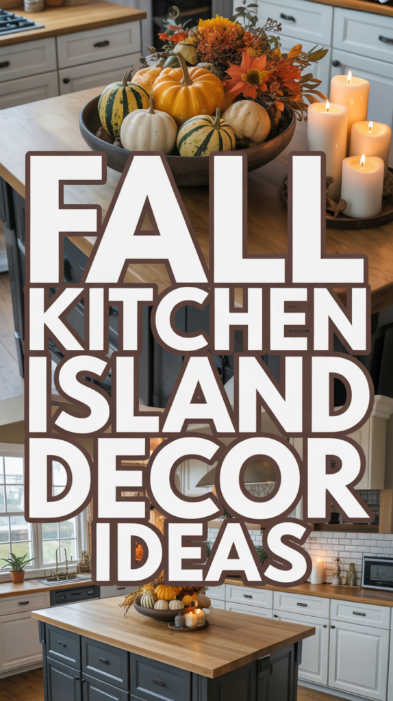 Autumn-themed kitchen island with pumpkins, candles, and fall foliage decor.