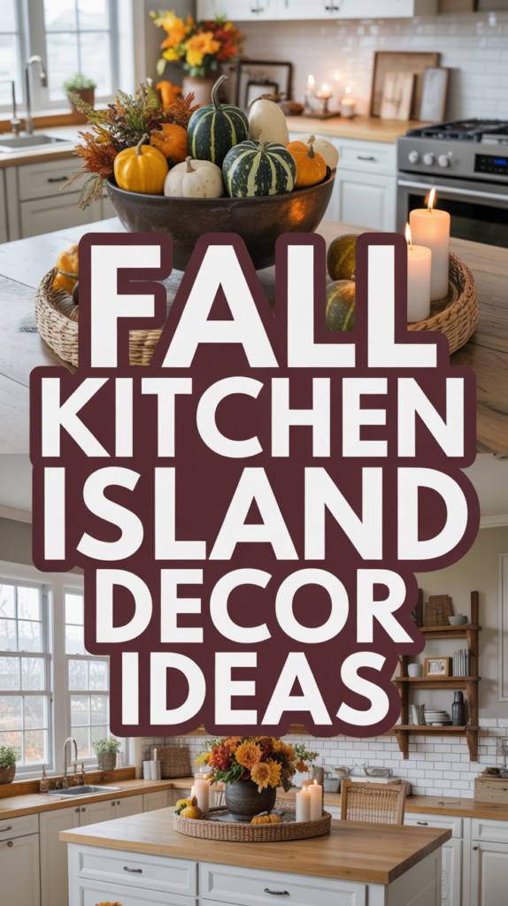 A kitchen with fall decor, including a pumpkin centerpiece and lit candles, overlaid with "Fall Kitchen Island Decor Ideas."