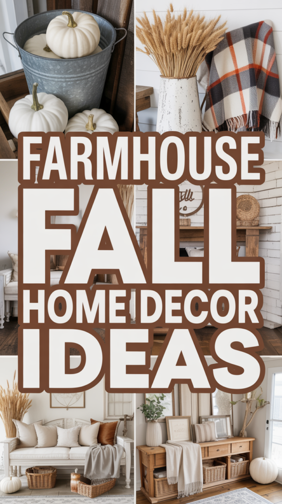 Collage featuring pumpkins, blankets, rustic decor, and the text "Farmhouse Fall Home Decor Ideas."
