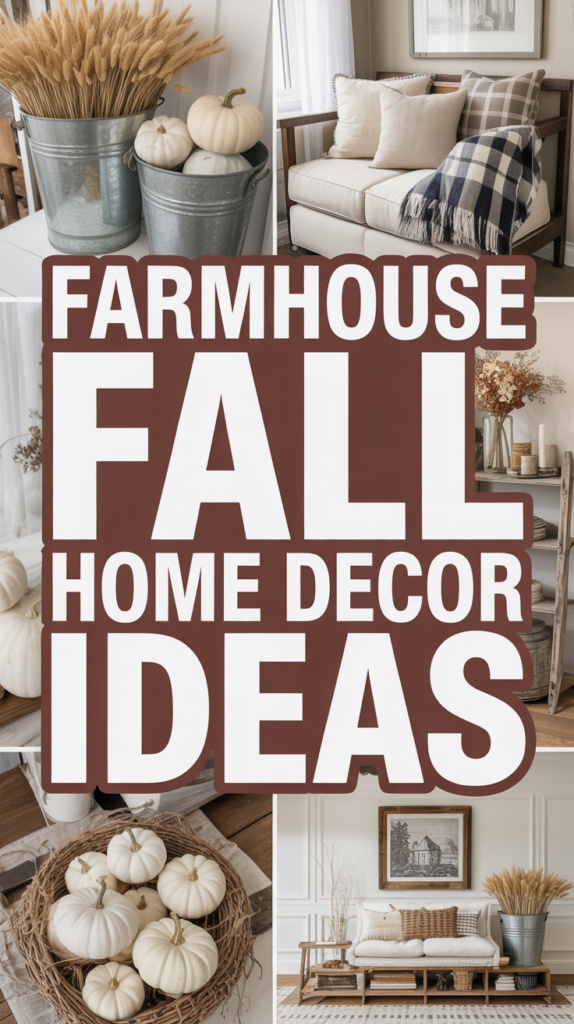 Collage with farmhouse decor ideas featuring pumpkins, wicker baskets, and a cozy plaid blanket on a sofa.