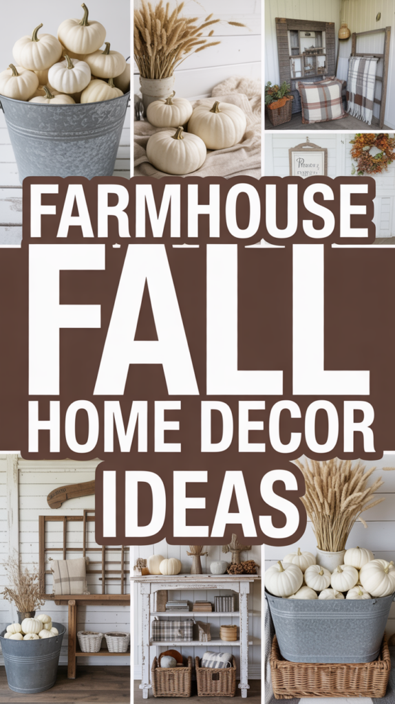 Collage of white pumpkins, fall decorations, and farmhouse-style decor with large text: "Farmhouse Fall Home Decor Ideas."