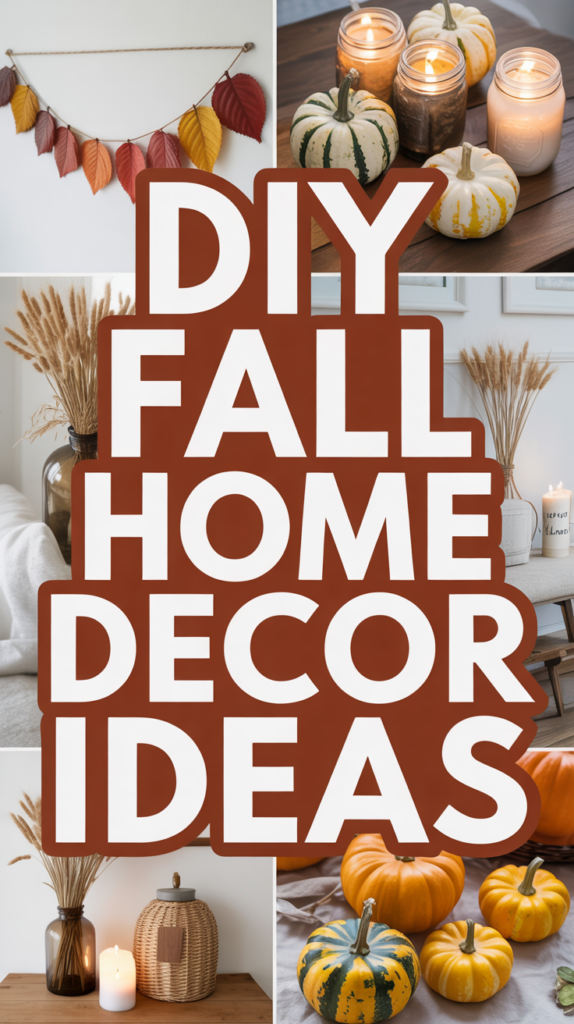 Collage of autumn-themed decorations including leaves, candles, and pumpkins with the text "DIY Fall Home Decor Ideas."