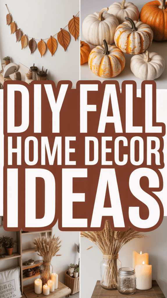 Text reading "DIY Fall Home Decor Ideas" surrounded by pumpkins, candles, and wheat stalks.