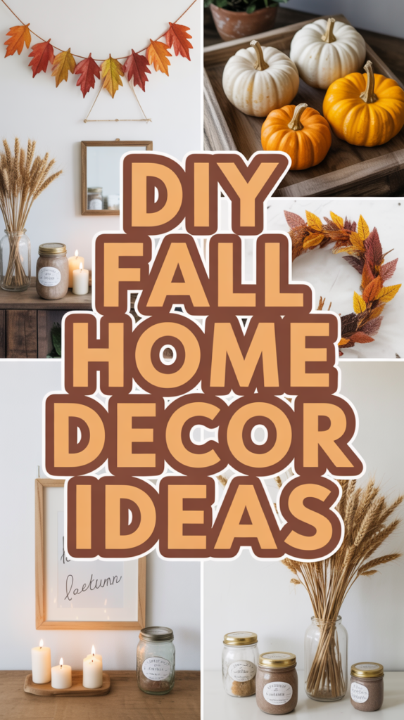 Collage of fall decorations including pumpkins, candles, and autumn leaves with the text "DIY Fall Home Decor Ideas."
