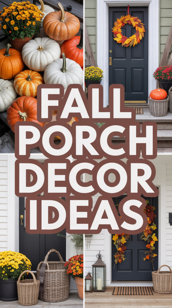 Collage of fall porch decor with pumpkins, mums, baskets, and wreaths. Text overlay reads "Fall Porch Decor Ideas."