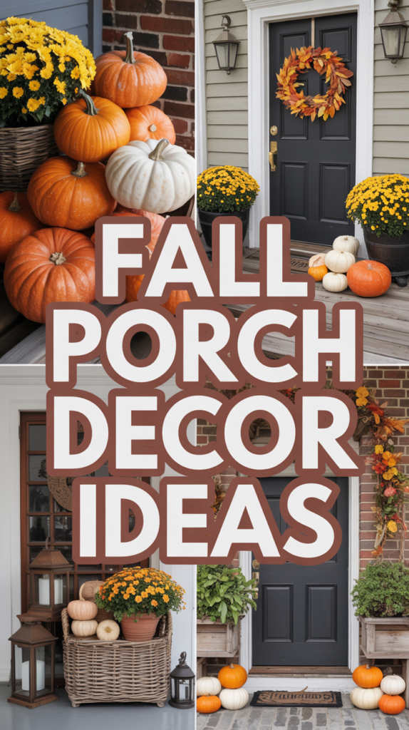 Collage of fall porch decor with pumpkins, chrysanthemums, and wreaths around wooden doors.