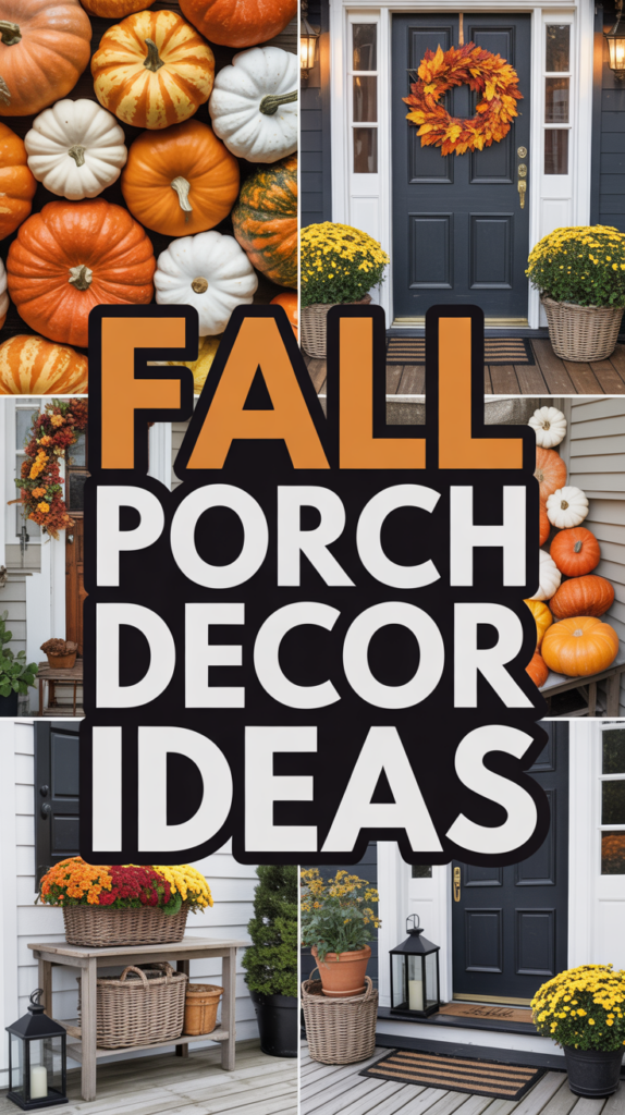 Collage of fall porch decor ideas with pumpkins, autumn wreaths, and seasonal flowers.