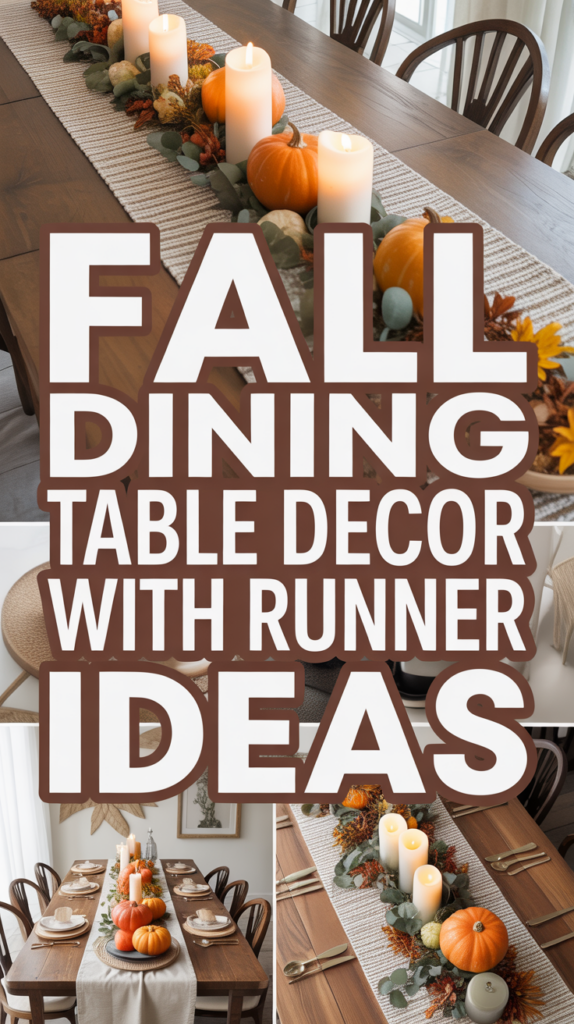 Table with a fall-themed runner adorned with pumpkins and candles, accompanied by large text about fall dining decor ideas.