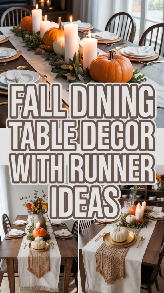 Fall-themed dining table with pumpkins, candles, and a decorative table runner.