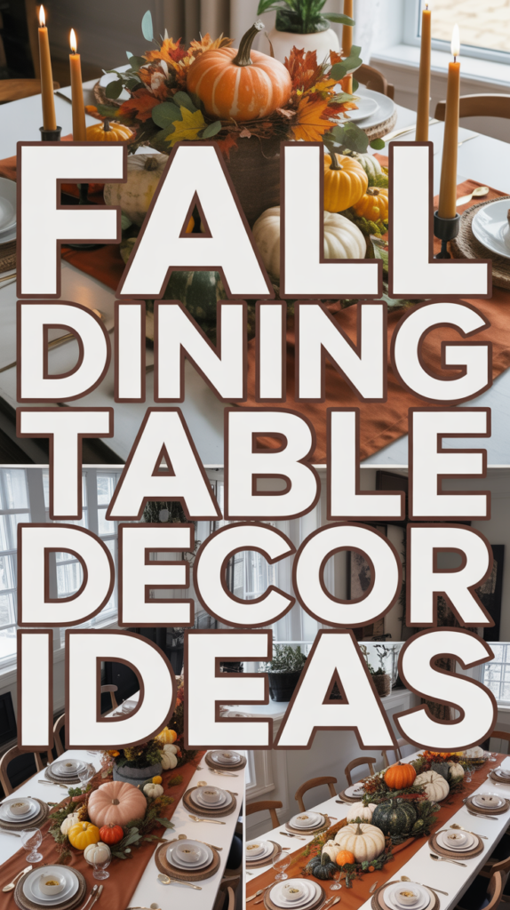 A fall-themed dining table with pumpkins, candles, and autumn leaves as decor elements.