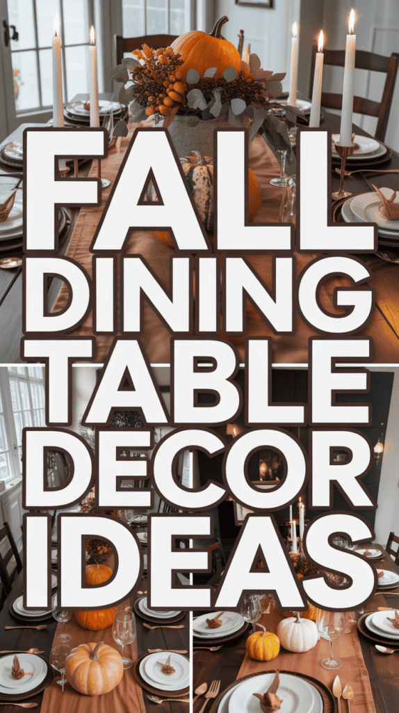 Collage of fall-themed dining table settings with text "FALL DINING TABLE DECOR IDEAS" overlaid.