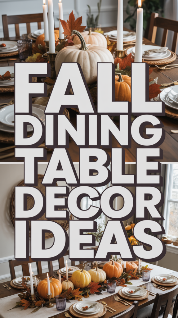 A fall-themed dining table with pumpkins, autumn leaves, and lit candles, featuring large text: "Fall Dining Table Decor Ideas."