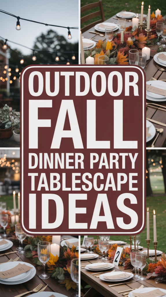 Collage with a sign reading "Outdoor Fall Dinner Party Tablescape Ideas" and photos of tables decorated with autumn leaves, candles, and place settings.