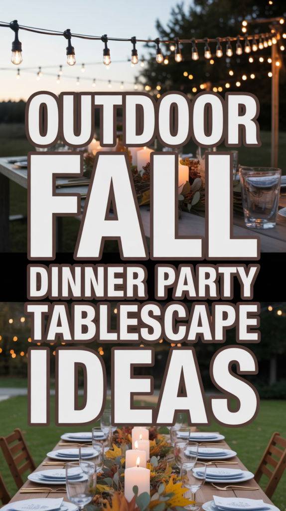 Table set for an outdoor fall dinner party with string lights and candles.