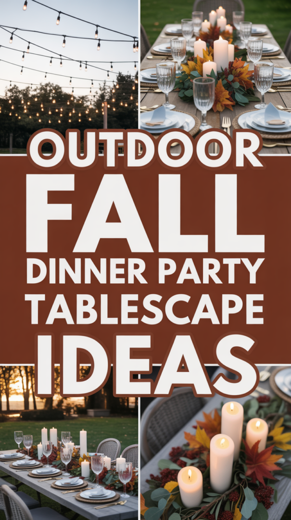 Collage of outdoor fall dinner table settings with candles, leaves, and text reading "Outdoor Fall Dinner Party Tablescape Ideas."