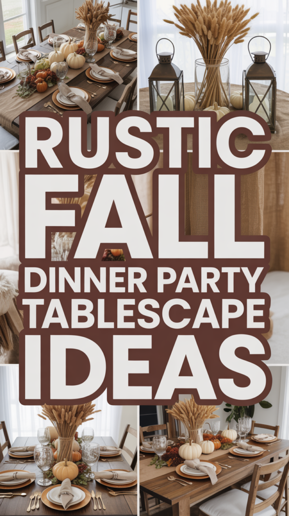 Collage of rustic fall tablescapes with wheat centerpieces, pumpkins, and neutral table settings. Text reads "Rustic Fall Dinner Party Tablescape Ideas."