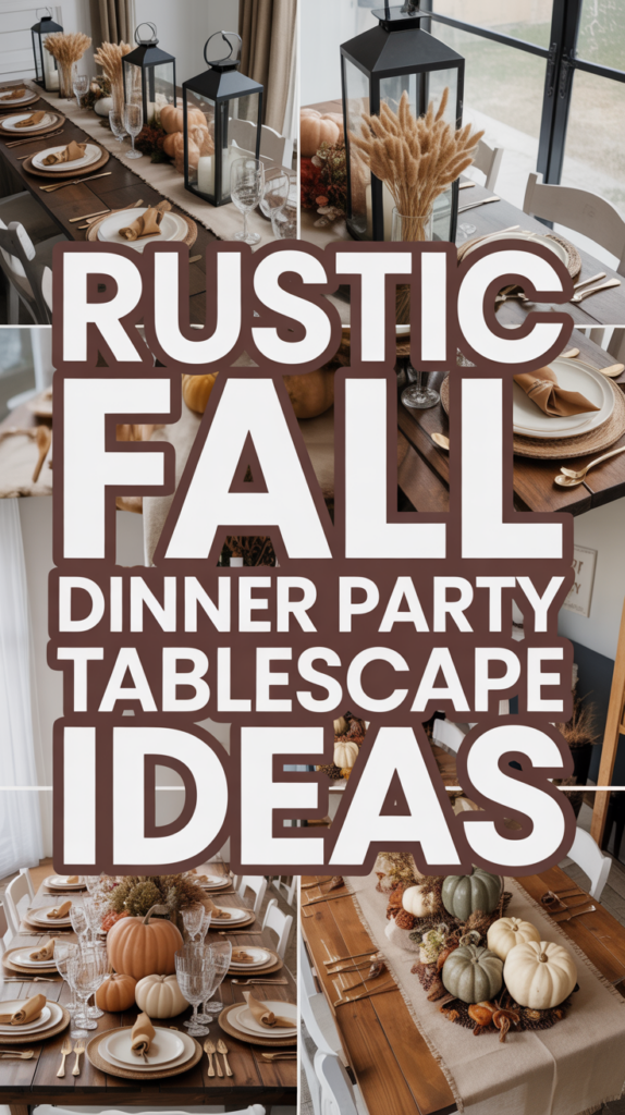 A collage of fall-themed dining table settings featuring pumpkins, autumn leaves, and rustic decor elements.