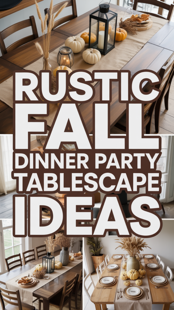 Rustic fall-themed dinner table settings with pumpkins, candles, and wheat centerpieces.