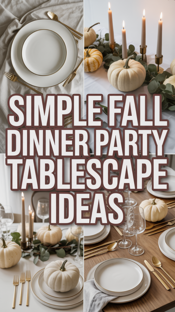 Four elegant fall-themed dinner table settings with plates, candles, and small pumpkins.
