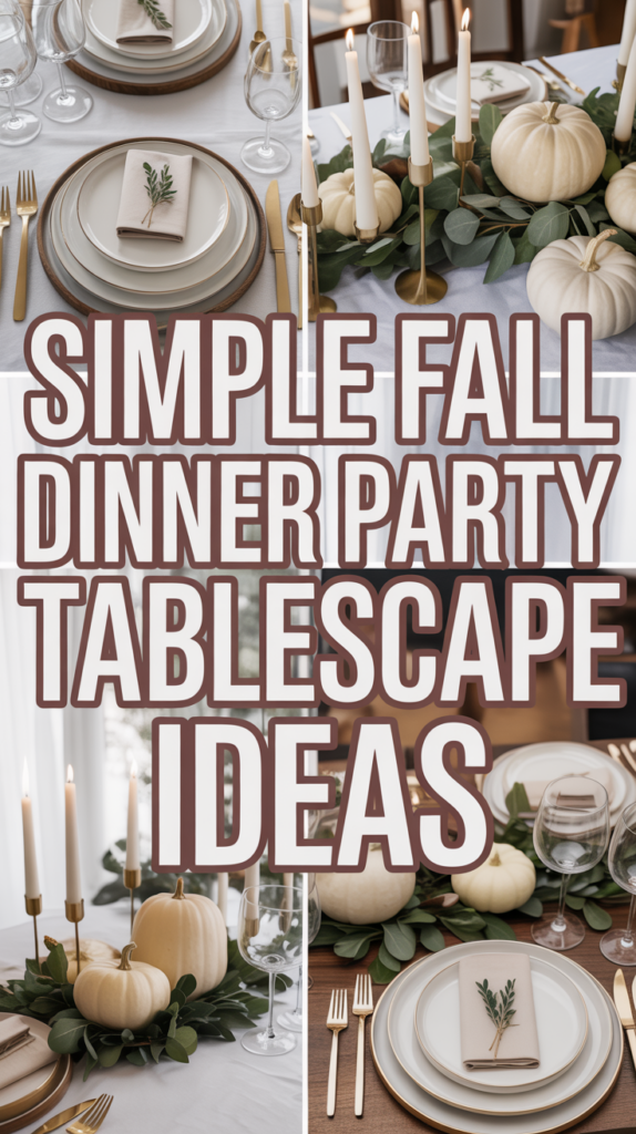 A fall tablescape with pumpkins, candles, greenery, and nicely arranged table settings set for a dinner party.