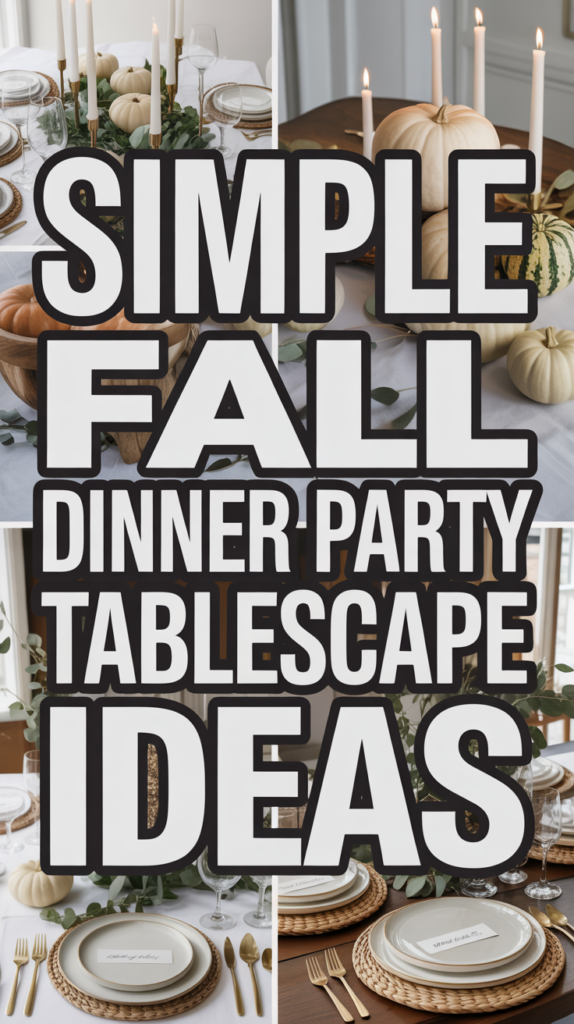 A collage with fall-themed table settings featuring pumpkins, candles, and elegant diningware. Text reads "Simple Fall Dinner Party Tablescape Ideas."